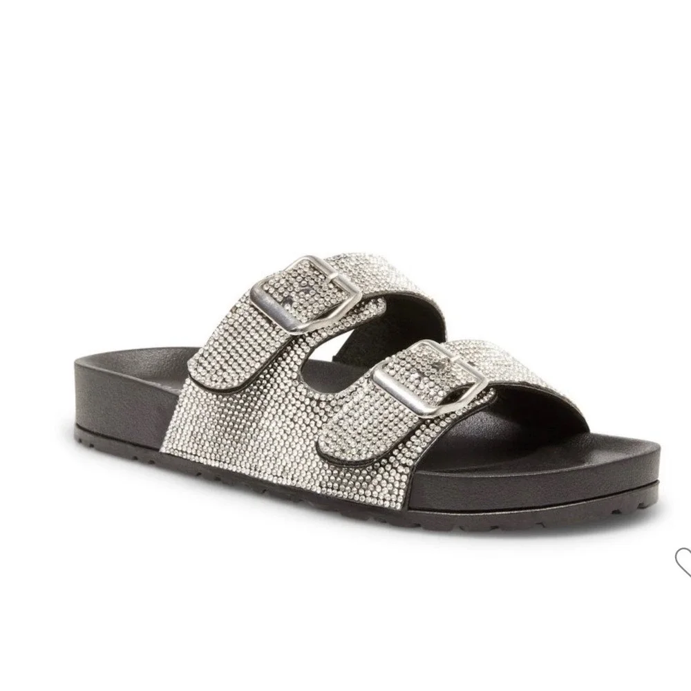 Madden Girl women's rhinestone-embellished double-buckle slide sandals NWOT 8